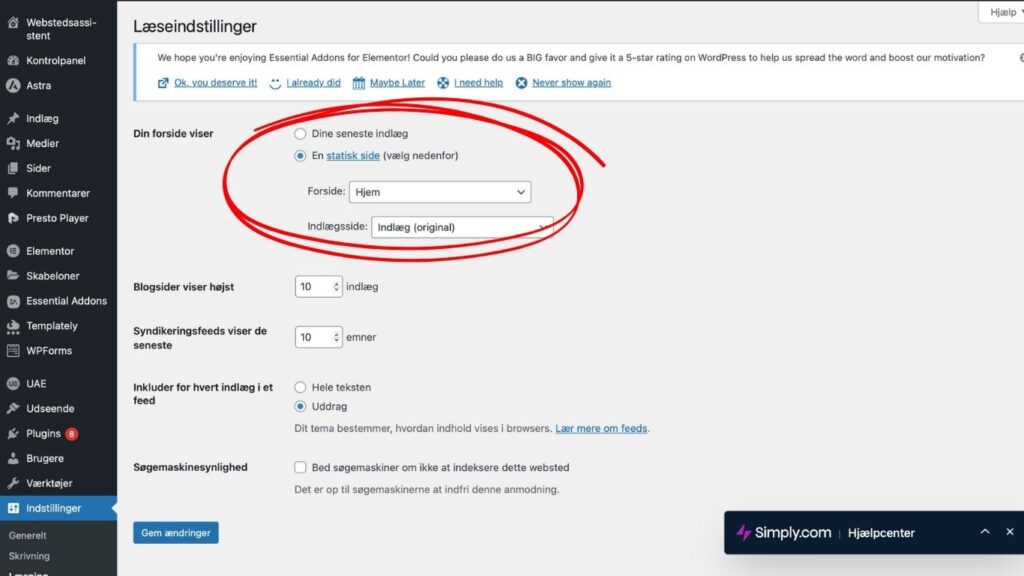 ændrer forside i wordpress step 2