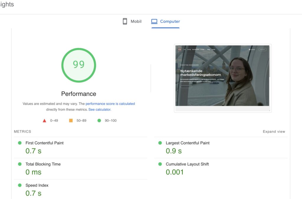 hastighed på hjemmeside